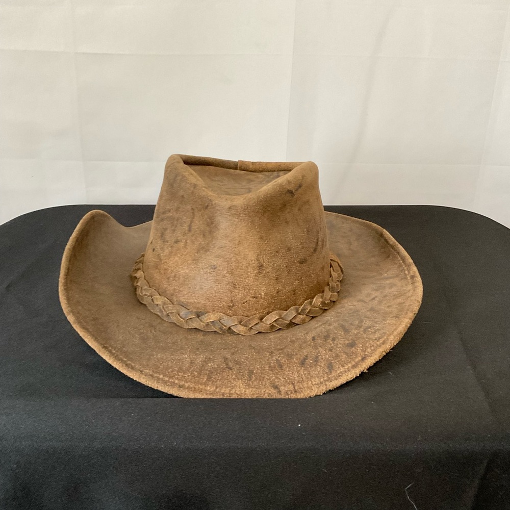 Henschel Hat Co brown leather hat with braided leather trim size Large